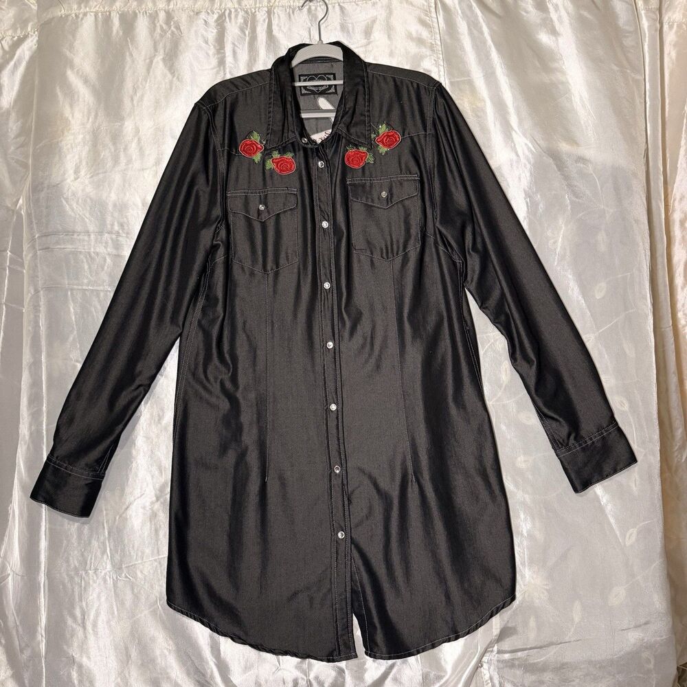 Cowgirl Hardware Women's Long Sleeve Dress Black With Embroidered Roses Size L